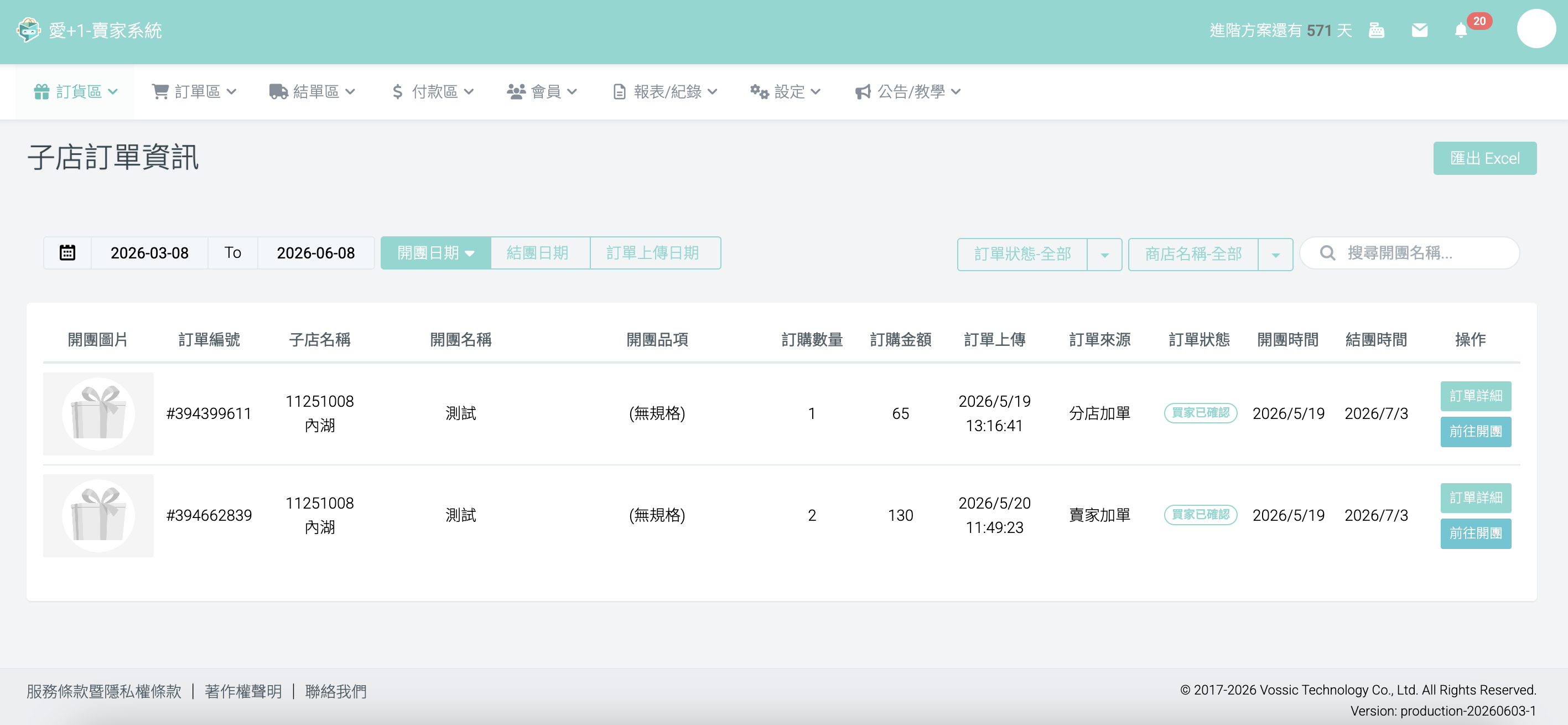 愛+1 子店訂單資訊畫面：母店可查看各分店訂單，含子店名稱、開團品項、訂購數量與金額